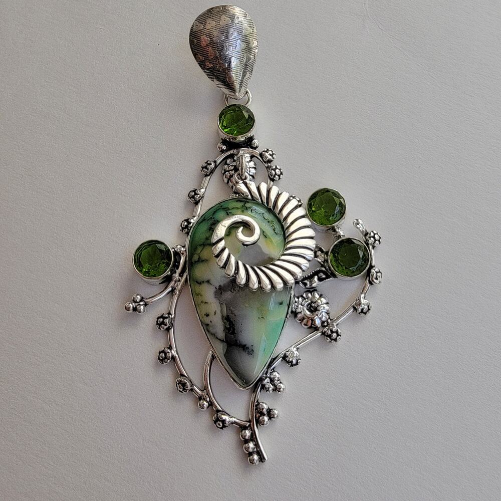 Elegant Green Ammonite and Peridot Pendant Necklace in Sterling Silver